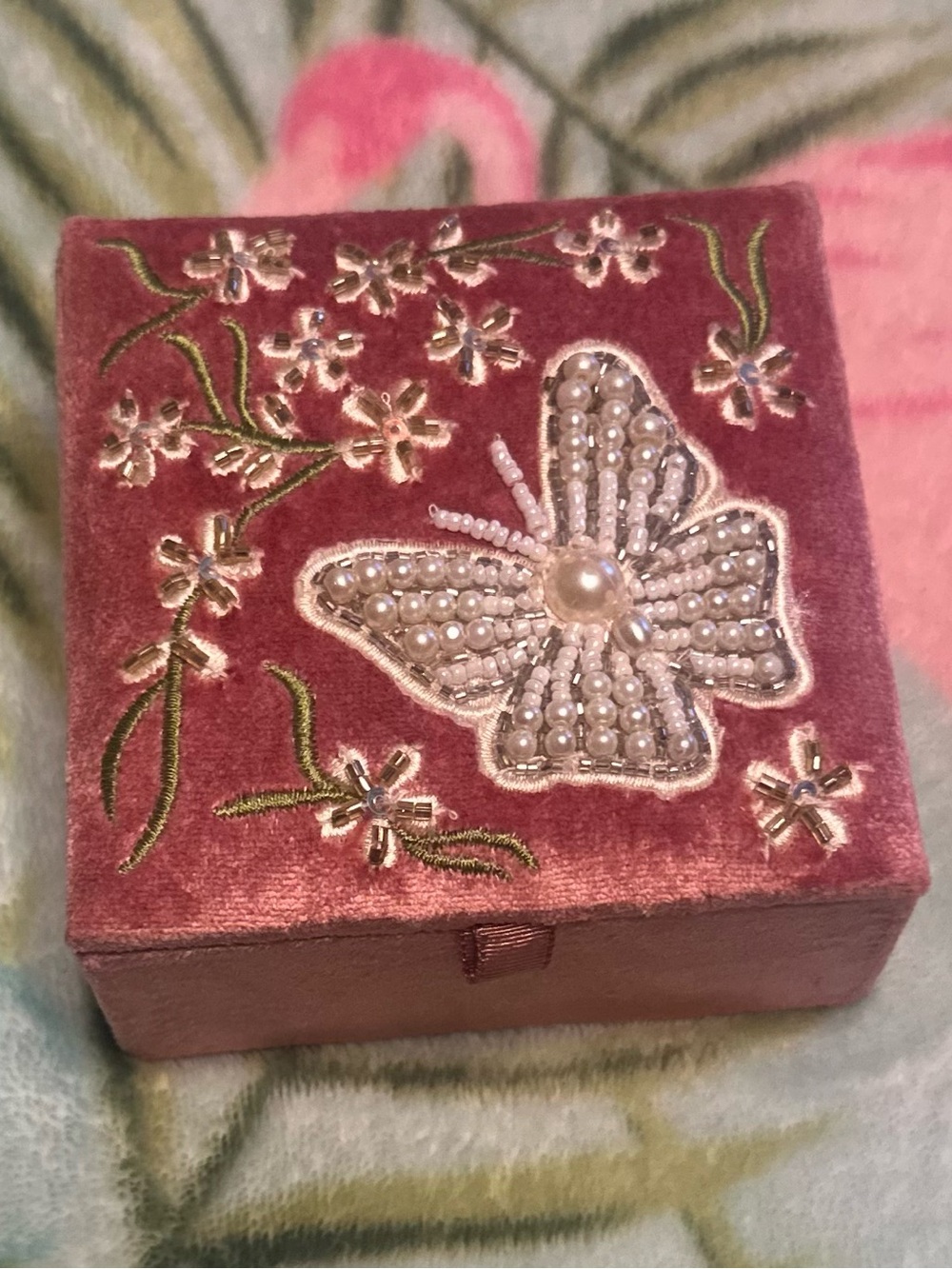 Vintage Pink Velvet Butterfly Jewelry Box Trinket Box Beaded Embroidered Ring